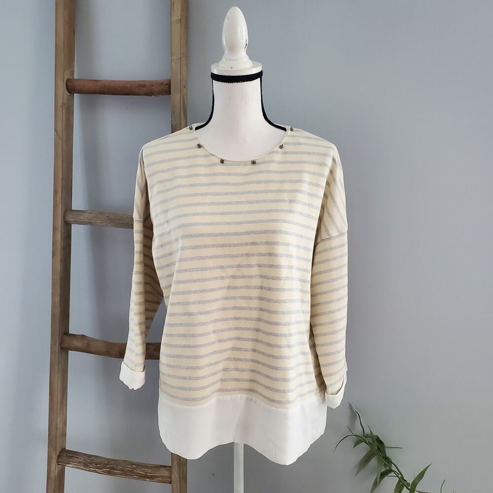 Zara Basic Cream Striped Rhinestone Accent Sweater Top XL